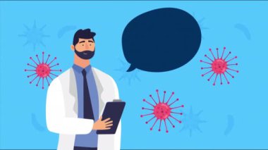 Covid19 parçacığı ve konuşma baloncuğu olan doktor