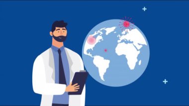 Covid19 parçacıkları ve Dünya gezegeni olan bir doktor.