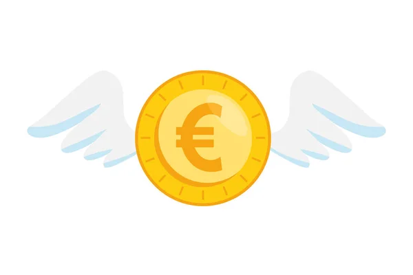 Monnaie pièce euro avec ailes icône isolée — Image vectorielle