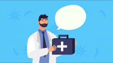 Tıbbi malzemeli doktor konuşuyor.
