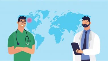 Covid19 parçacıkları ve Dünya gezegeni olan doktorlar.