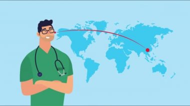Covid19 parçacıkları ve Dünya gezegeni olan bir doktor.