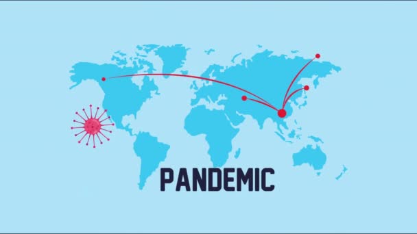 Planeet aarde met covid19 deeltjes en pandemisch woord — Stockvideo