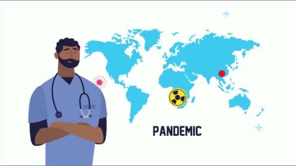 Γιατρός με covid19 σωματίδια και πλανήτη γη — Αρχείο Βίντεο