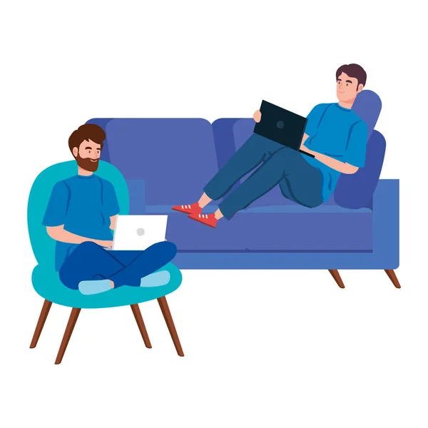 Hommes travaillant dans le télétravail avec ordinateur portable dans le canapé et la chaise — Image vectorielle