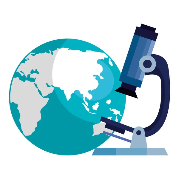 Microscopio con icona del pianeta del mondo isolato — Vettoriale Stock