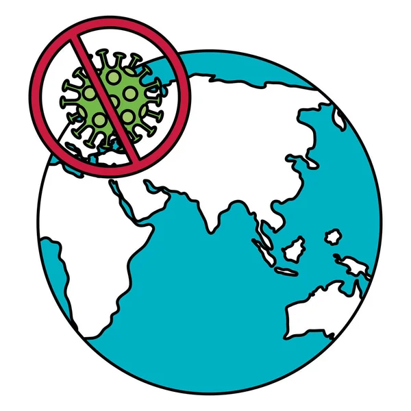 Partícula de covid 19 com planeta mundial e sinal proibido — Vetor de Stock