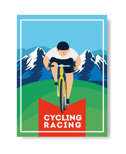 Cycling racing poster with man in bike and landscape — Stock Vector