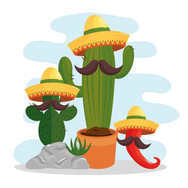 Cactus en iconen traditioneel van cinco de mayo — Stockvector