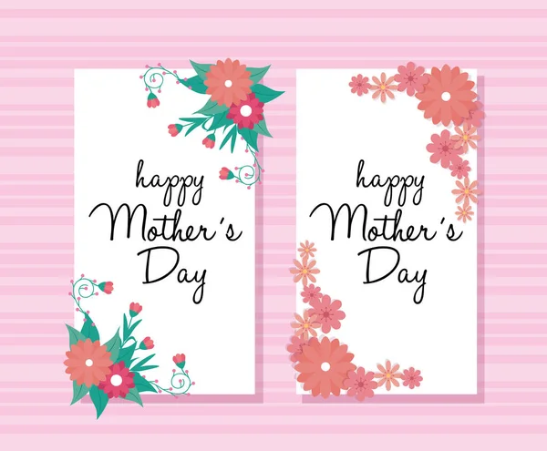 Set of happy mother day cards with flowers and leafs decoration — Stock Vector