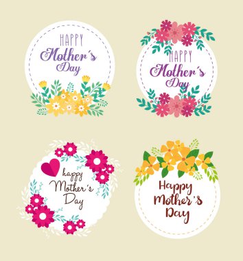 Çiçekli ve yapraklı anneler günü kartları.