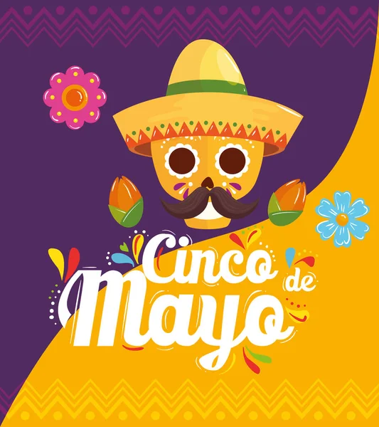 Affiche cinco de mayo avec crâne et décoration — Image vectorielle