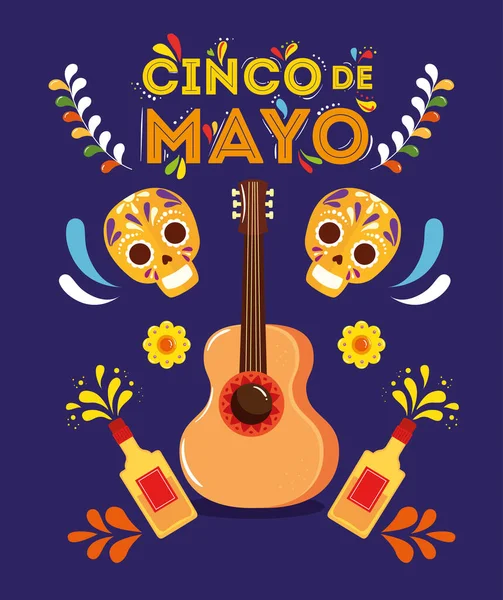 Cinco de mayo poster with guitar and decoration — Stock Vector