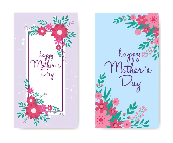 Zestaw szczęśliwych kart dzień matki z kwiatami i dekoracji liści — Wektor stockowy