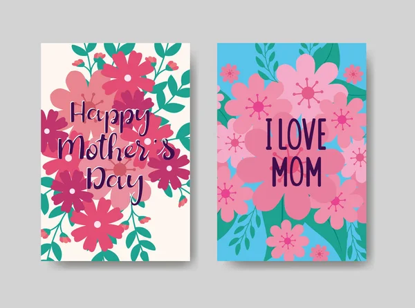 Set of happy mother day cards with flowers and leafs decoration — Stock Vector