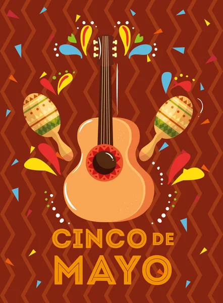 Cinco de mayo poszter gitárral és dekorációval — Stock Vector