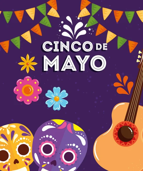 Poster cinco de mayo con teschi e chitarra — Vettoriale Stock