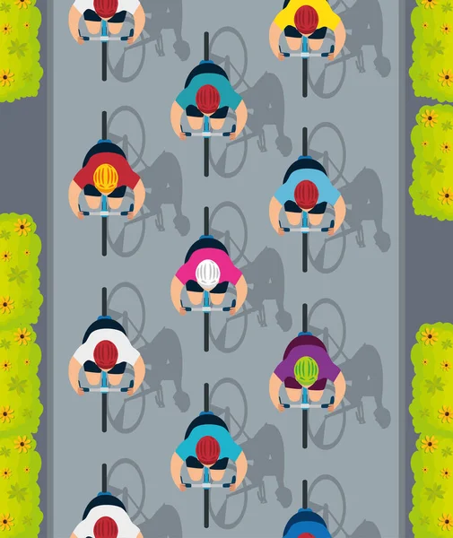 团体自行车手在锦标赛中的空中观看 — 图库矢量图片