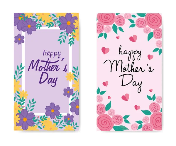 Набір щасливих листівок на день матері з квітами та прикрасою листя — стоковий вектор