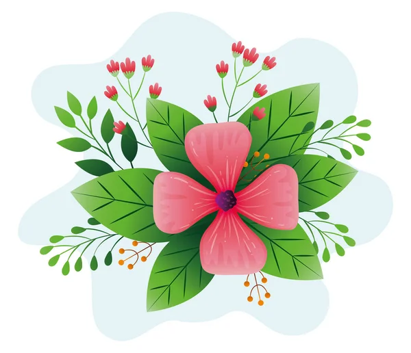 Decorazione di fiori colore rosa con rami e foglie — Vettoriale Stock