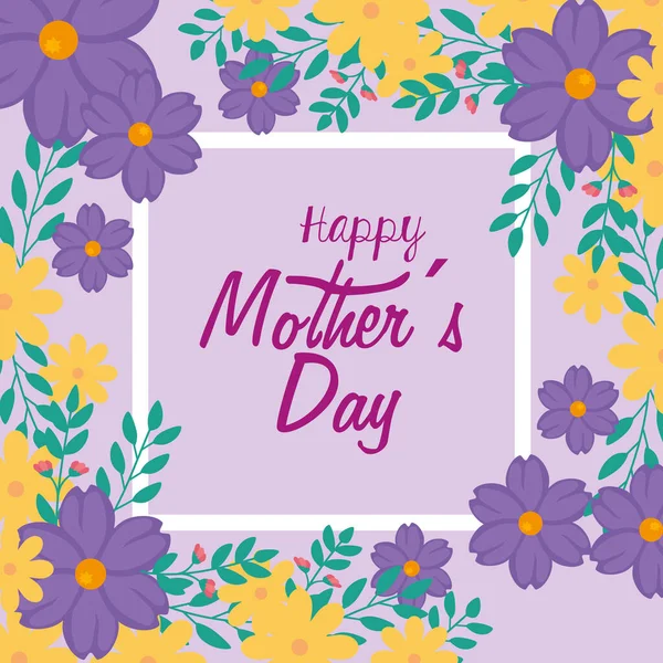 Ευτυχισμένη κάρτα ημέρα της μητέρας με πλαίσιο από λουλούδια διακόσμηση — Διανυσματικό Αρχείο