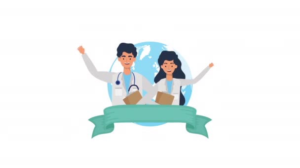 Médicos casal com personagens planeta terra — Vídeo de Stock