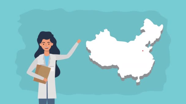 Doctora con covid19 en China mapa — Vídeos de Stock