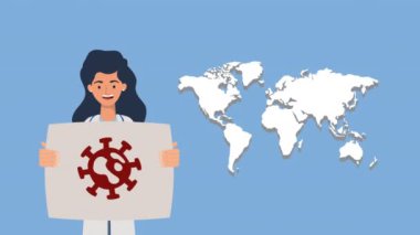 Kadın doktor covid19 afişi ve dünya haritasıyla