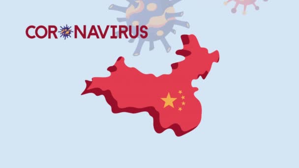 Китайская карта с covid19 частиц и ленты осторожность — стоковое видео