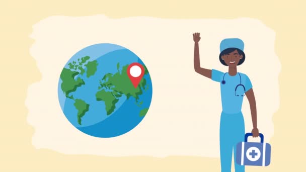 Kvinnlig läkare med jorden planet karaktär animation — Stockvideo