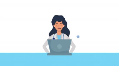 Kadın doktor covid19 parçacığı ile laptop kullanıyor