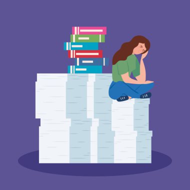 Stres atağı geçiren ve belgeleri yığan kadın.