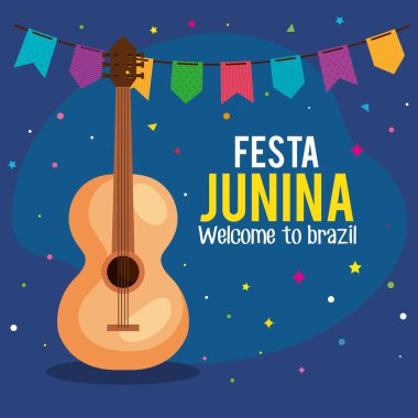 Festa Junina posteri Gitar ve çelenkler asılı