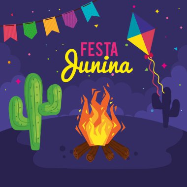 Şenlik ateşi ve geleneksel simgelerle festa junina posteri
