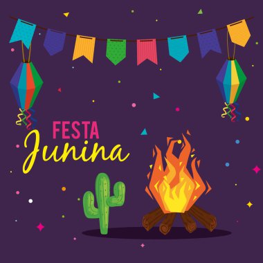 Şenlik ateşi ve geleneksel simgelerle festa junina posteri