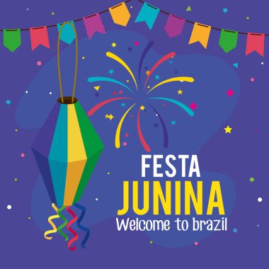 Fener ve çelenk asılmış Festa Junina posteri