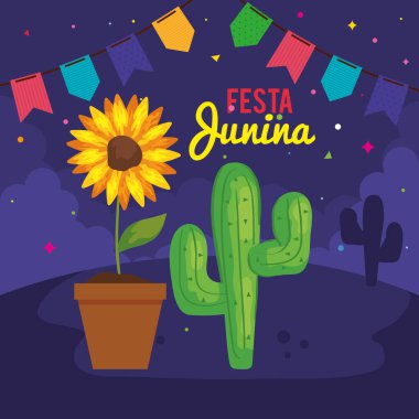 Festa Junina posteri kaktüs ve ikonlar geleneksel