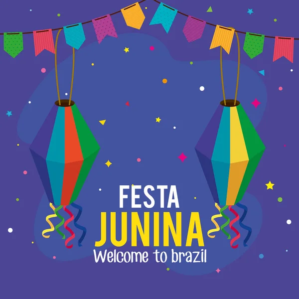 Fenerler ve çelenkler asılmış Festa Junina posteri