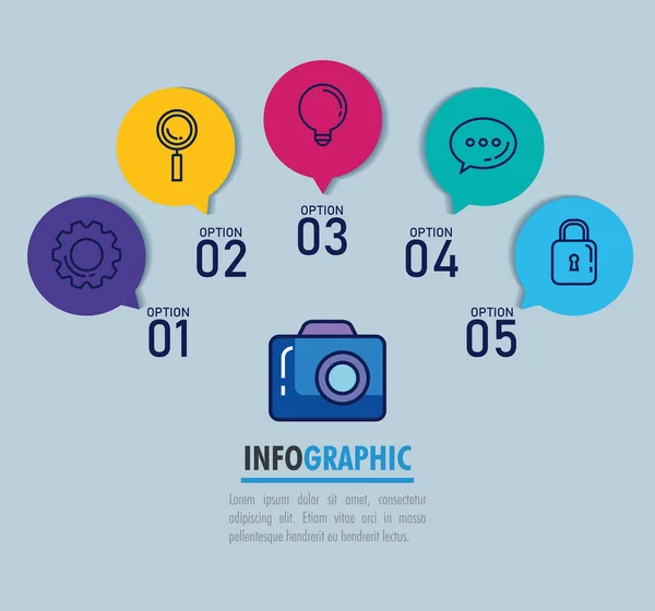 Statistická informatika s fotoaparátem a ikonami — Stockový vektor