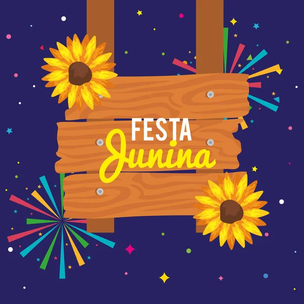 Festa junina poster con girasoli e decorazione — Vettoriale Stock