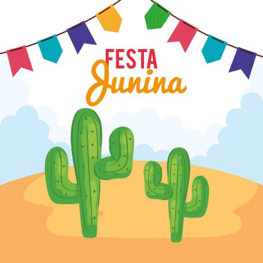 Festa Junina posteri kaktüs ve çelenkler asılı.