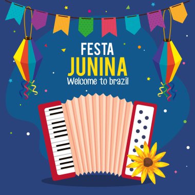 Geleneksel akordeon ve simgelerle festa junina posteri