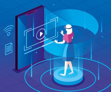 Gerçeklik gözlüklü ve akıllı telefonlu bir kadın.