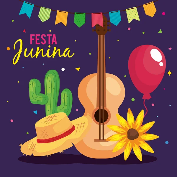 Festa junina poster con chitarra e icone tradizionali — Vettoriale Stock