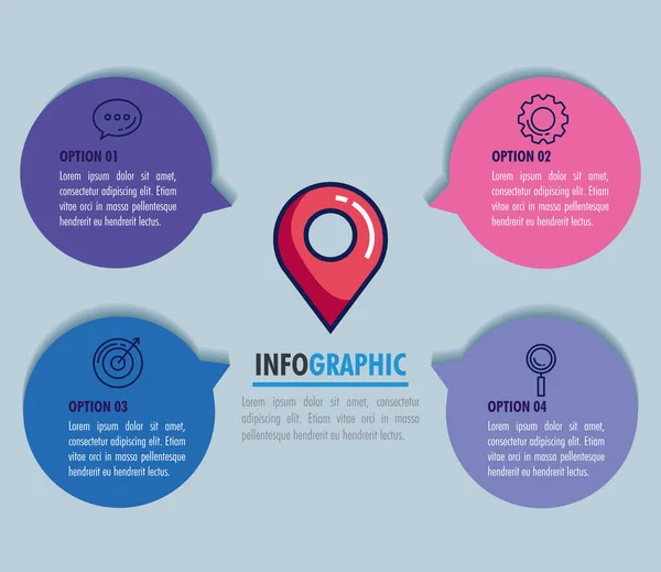 Infografía estadística con ubicación de pin e iconos — Vector de stock