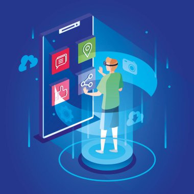 Gerçeklik gözlüklü ve akıllı telefonlu bir adam.