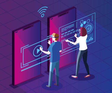 Gerçeklik gözlüklü ve akıllı telefonları olan çift.