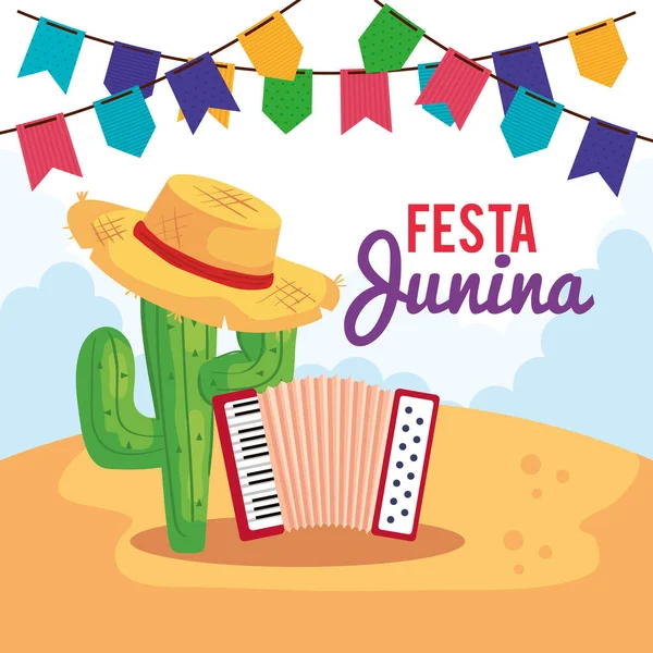 Festa junina poster con fisarmonica e icone tradizionali — Vettoriale Stock