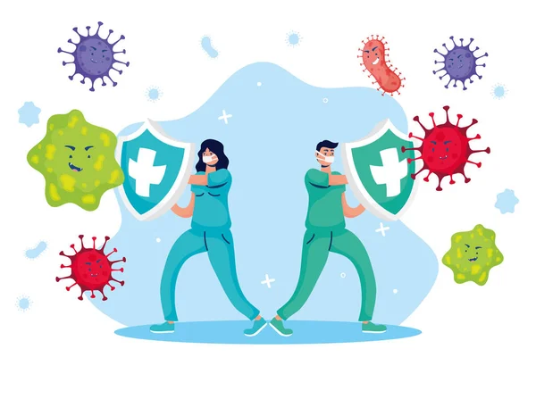 Doctors couple fighting virus with shield comic characters — Stock Vector