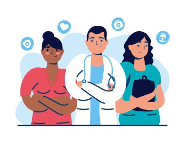 Tıbbi simgeleri olan bir grup doktor.